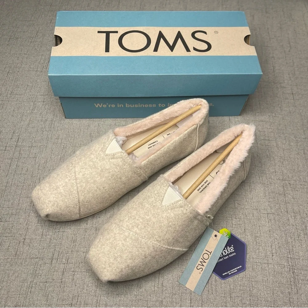 TOMS Alpargata Natural Felt Slipper Shoes with Pink Faux Fur Lining Nwt - Picture 5 of 11